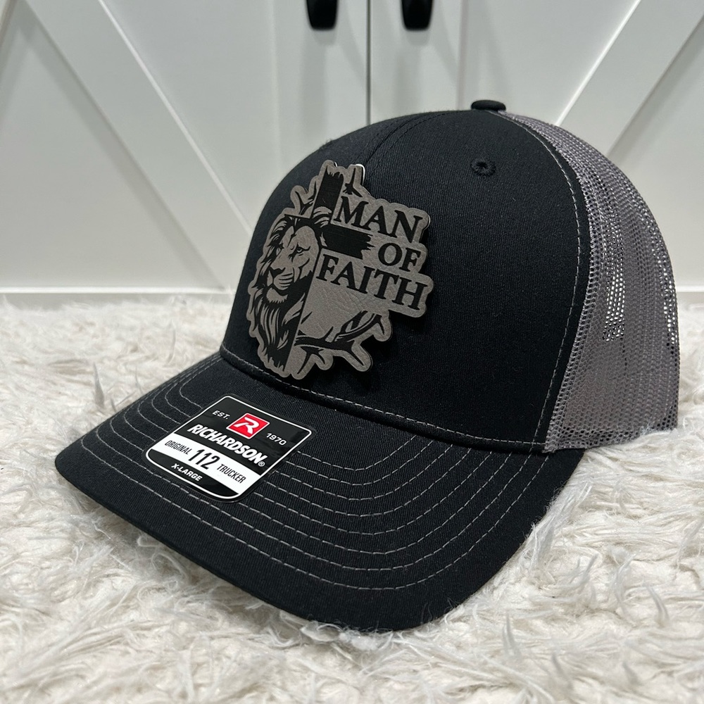 Man of faith laser engraved trucker Richardson 112 hat.